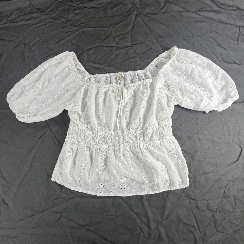 Sim & Sam Womens White Eyelet Smocked Waist Puff Sleeve Blouse Top Medium M